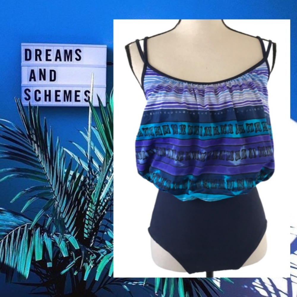 Vintage 90s Sirena Signatures One Piece  Swimsuit Blue Purple Abstract 10